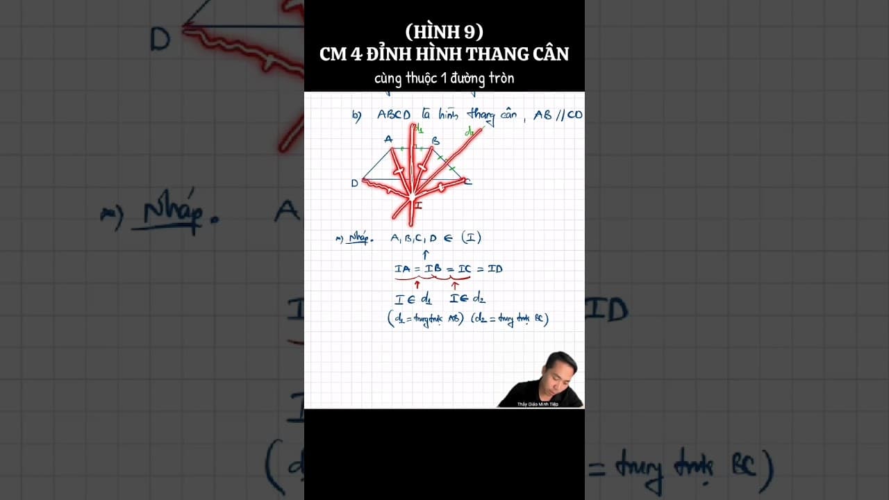 Ảnh bìa video Hình 9- Chứng minh 4 đỉnh của hình thang cân cùng thuộc 1 đường tròn và cách xác định tâm đường tròn