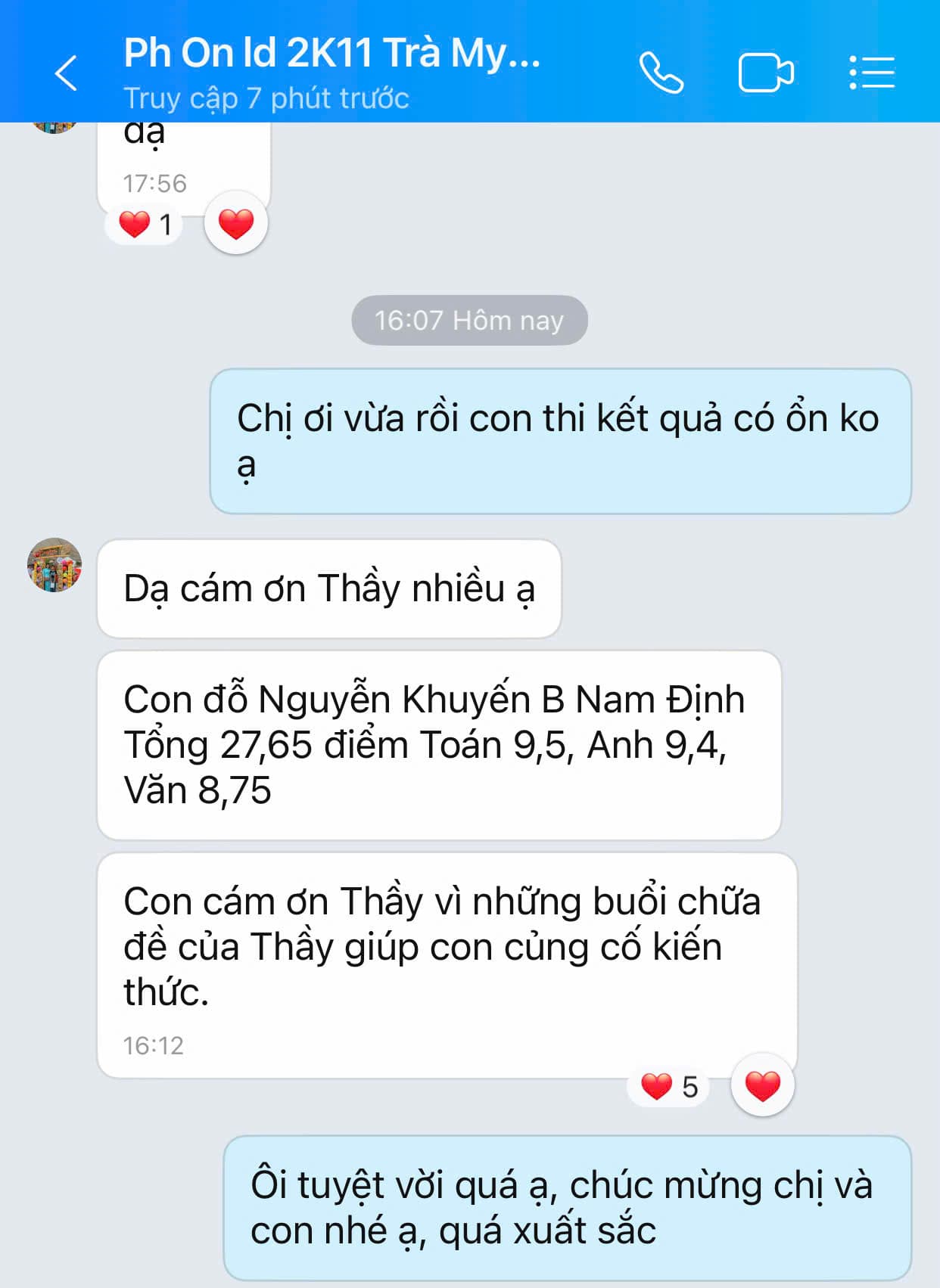 Kết quả thi xuất sắc