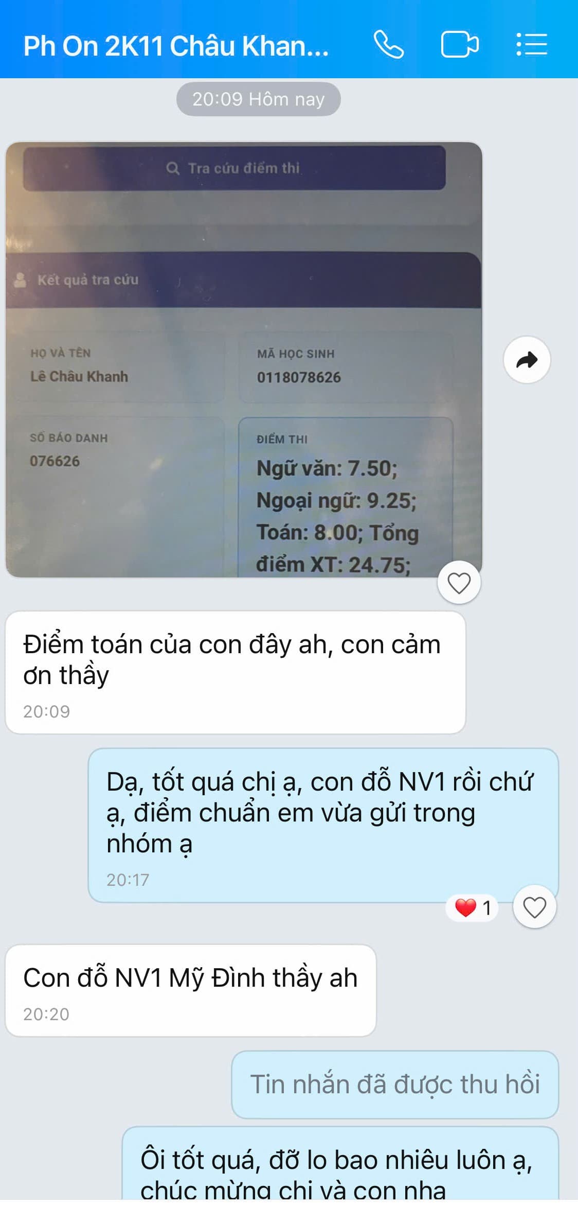 9,25 Anh, 8 Toán, tổng 24,75 đỗ NV1
