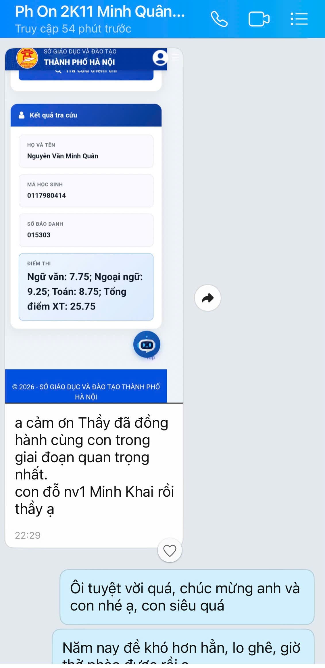 9,25đ Anh, 8,75đ Toán tổng 25,75 đỗ Minh Khai
